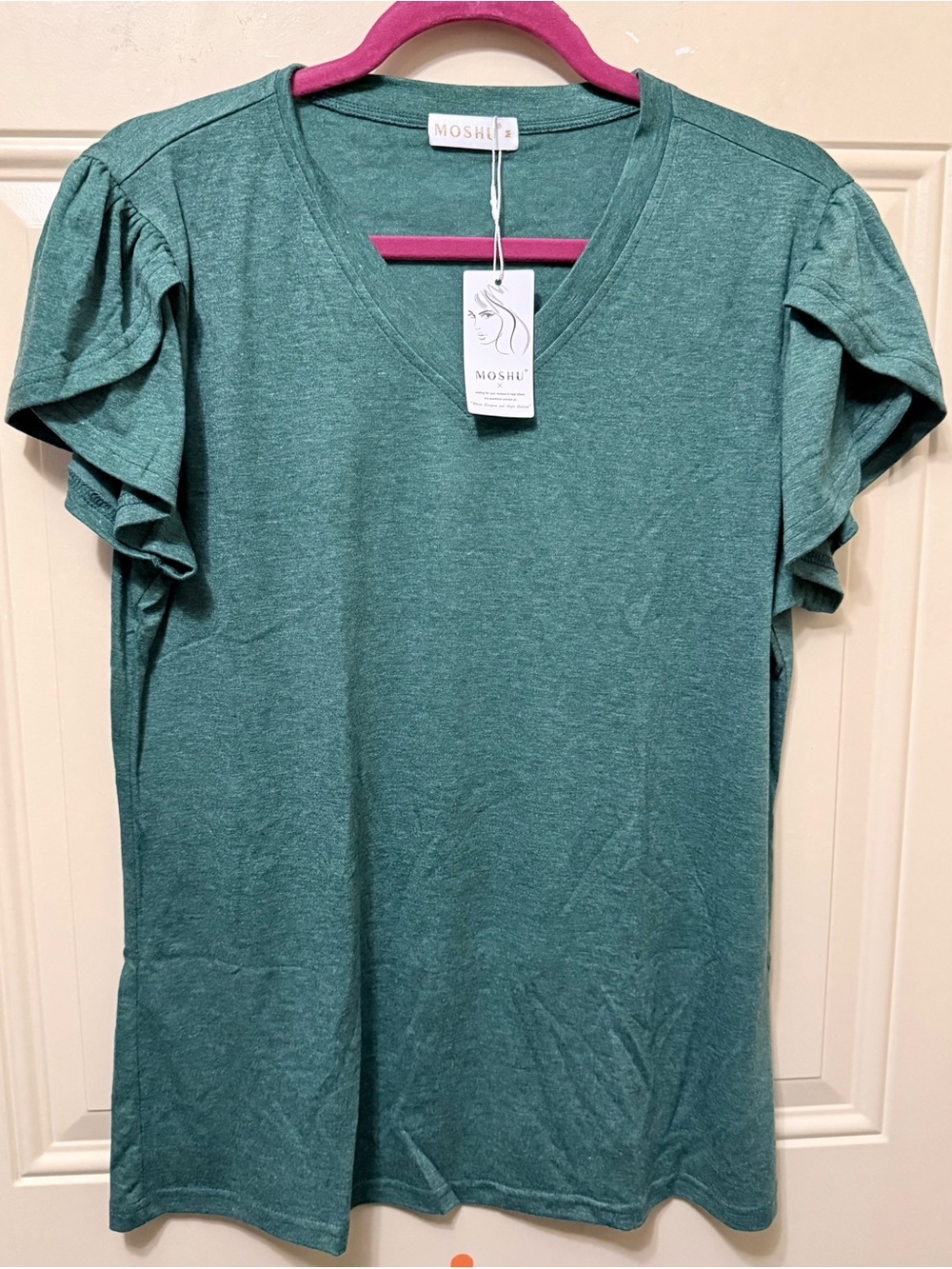 Moshu Heathered Forest Green V Neck Top with Short Tulip Sleeves Size Medium